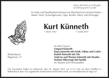 Traueranzeige von Kurt Künneth von Pegnitz-Zeitung